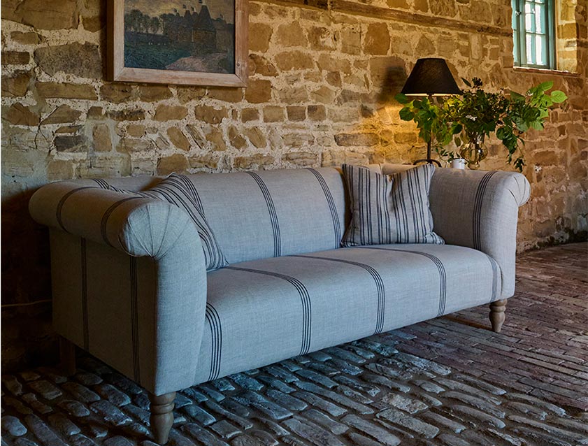 Exbury 3 Seater Sofa in Baldersby Woven Linen Stripe Blue with Scatters in Carthorpe & Hovingham Woven Linen Stripe Blue